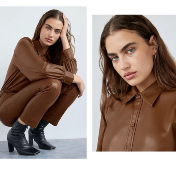 Aritzia Wilfred Mila Faux Leather Puff Sleeve Button Down Shirt Brown sz Small - Picture 2 of 15